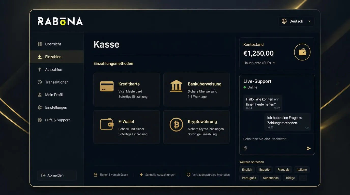 Casino-Kassenbereich mit Sprachwahl, Euro-Kontowährung, Karten, E-Wallets und Krypto-Zahlungen