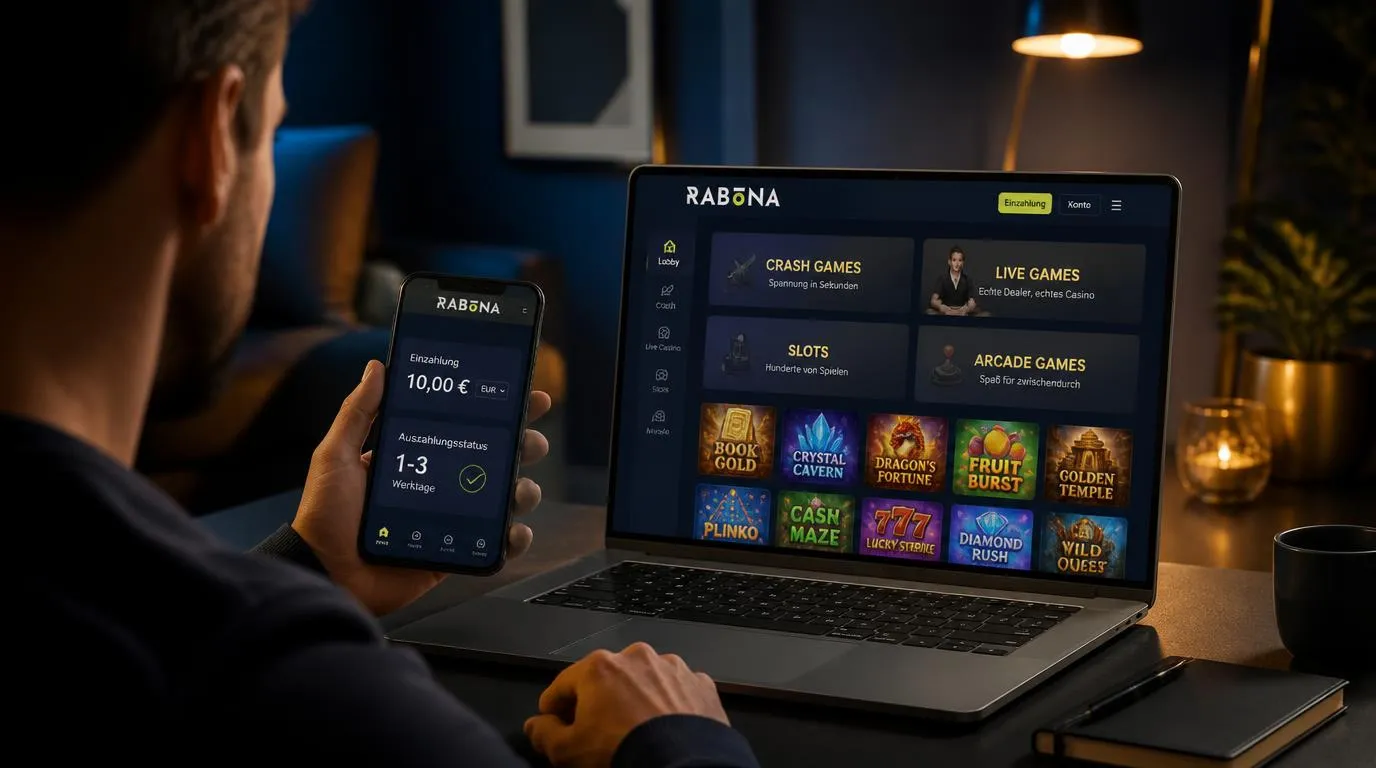 Spieler betrachtet Casino-App mit Auszahlungsstatus, niedrigem Einzahlungsbetrag und vielfältiger Spieleauswahl