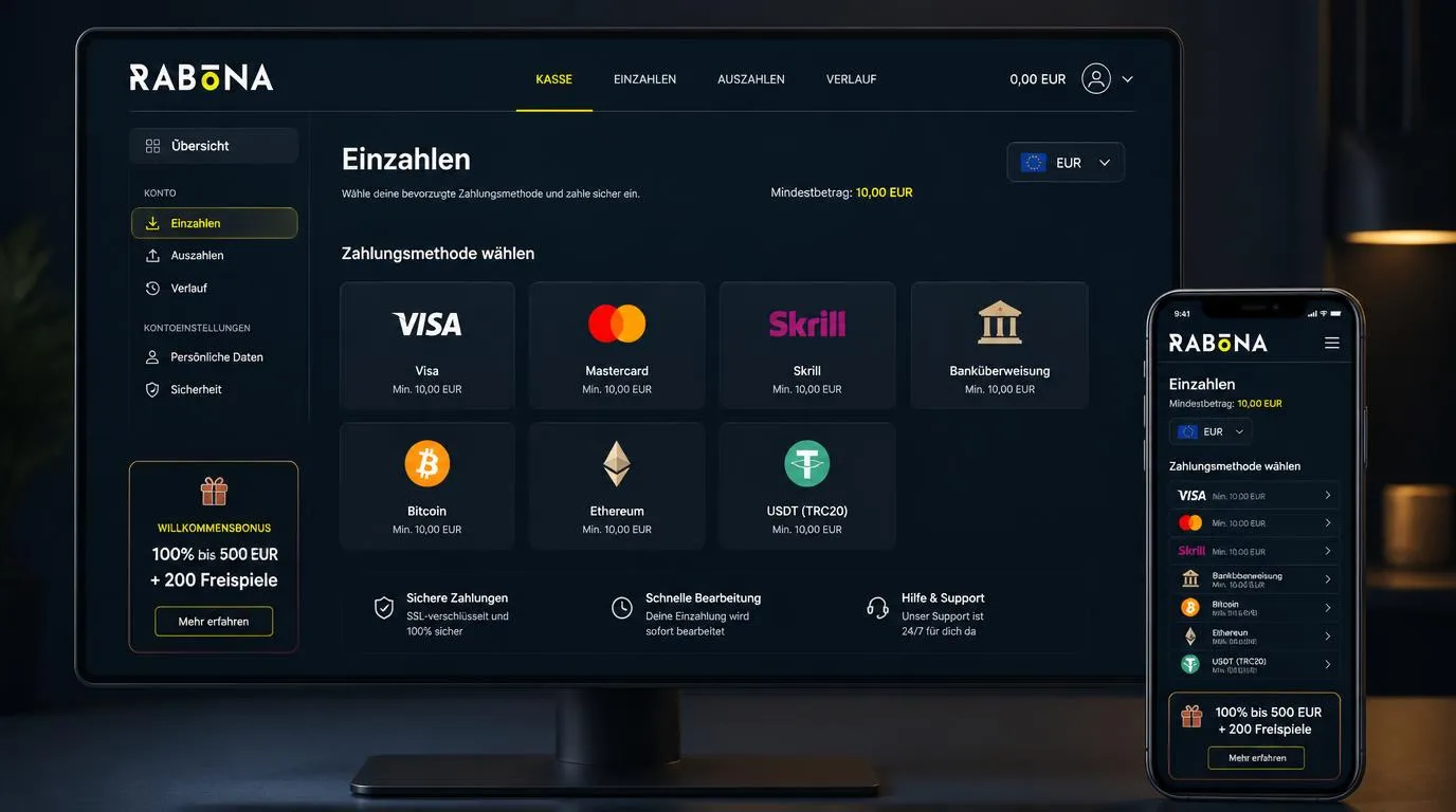 Kassenansicht mit Mindesteinzahlung von 10 Euro, Karten, E-Wallets und Kryptowährungen
