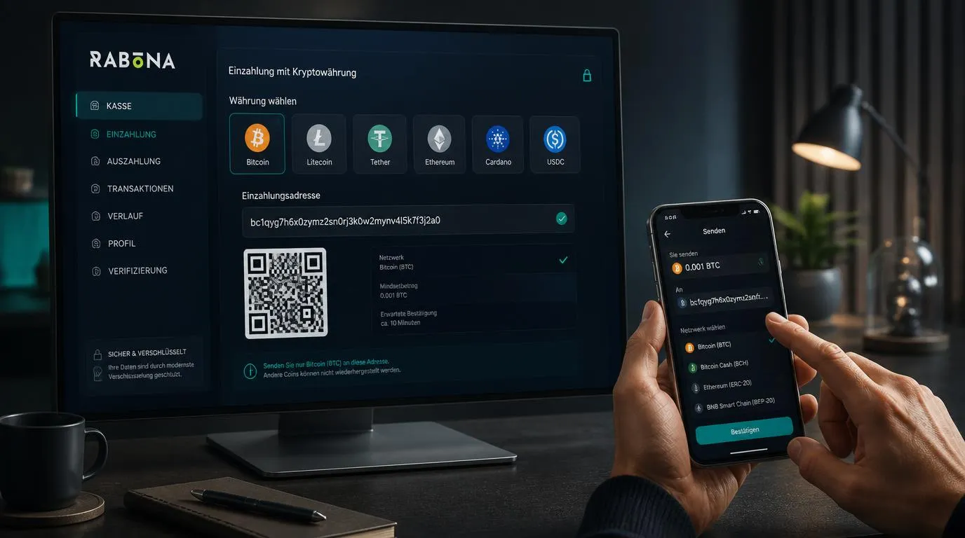 Krypto-Einzahlung mit Wallet, QR-Code und Prüfung der Blockchain-Adresse im Kassenbereich