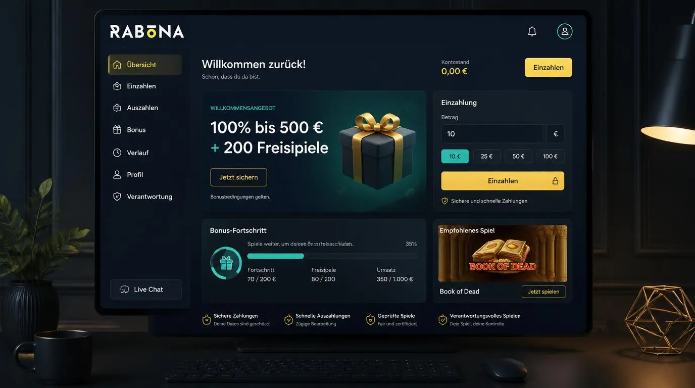 Casino-Bonusansicht mit Willkommensangebot, Freispiele-Zähler und Einzahlung ab 10 Euro