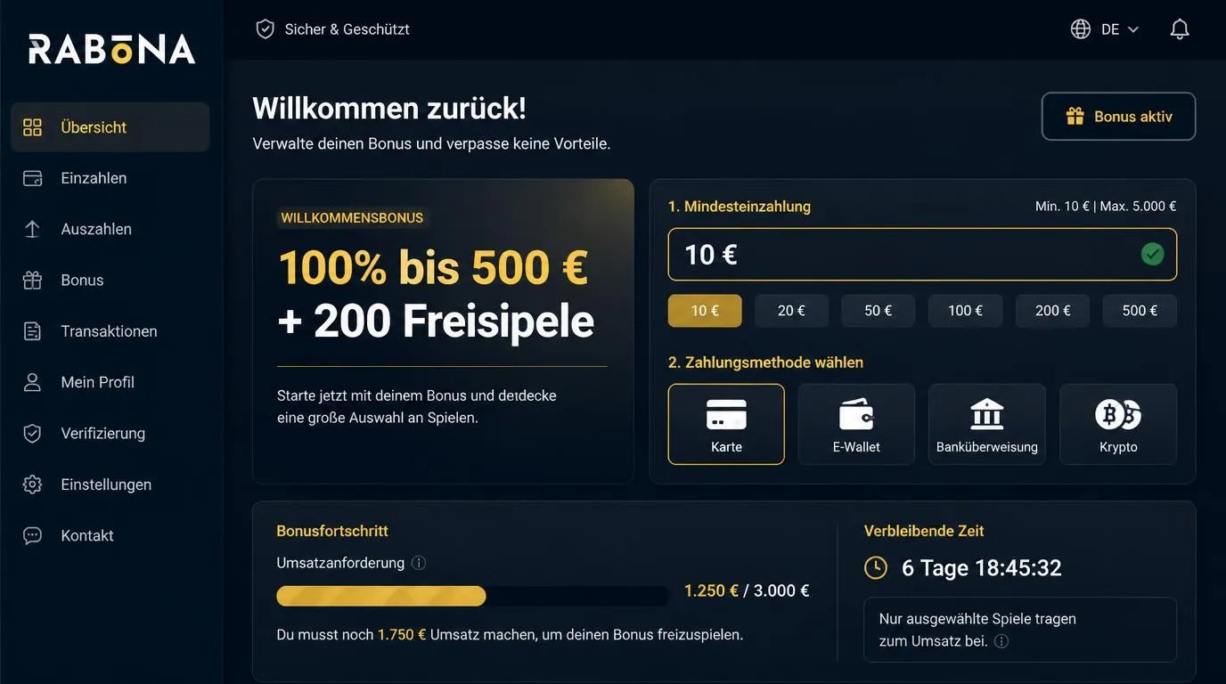 Casino-Bonusbereich mit Willkommensangebot, Einzahlungsauswahl und Umsatzanzeige