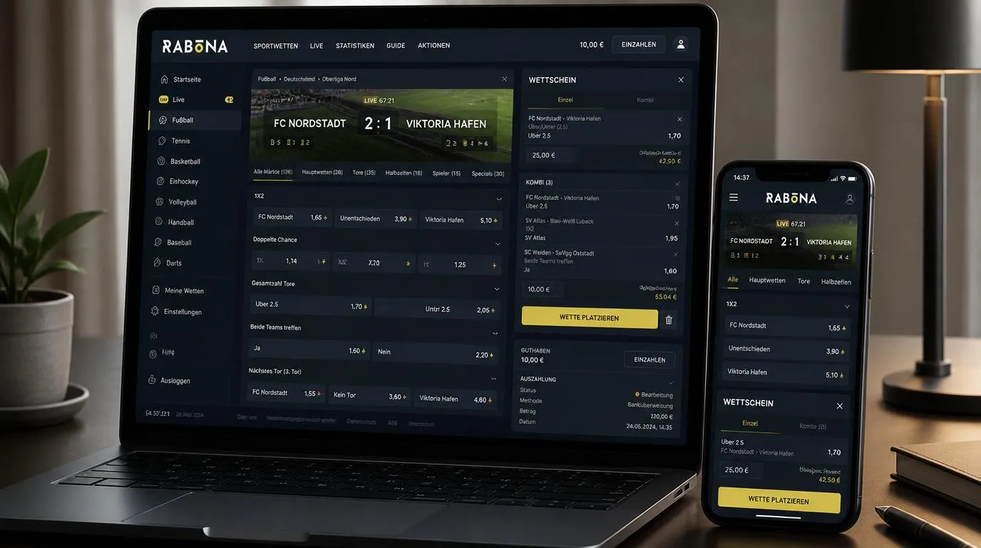 Digitaler Wettzettel mit Live-Quoten, Kombiwette und Anzeige für Sportmärkte