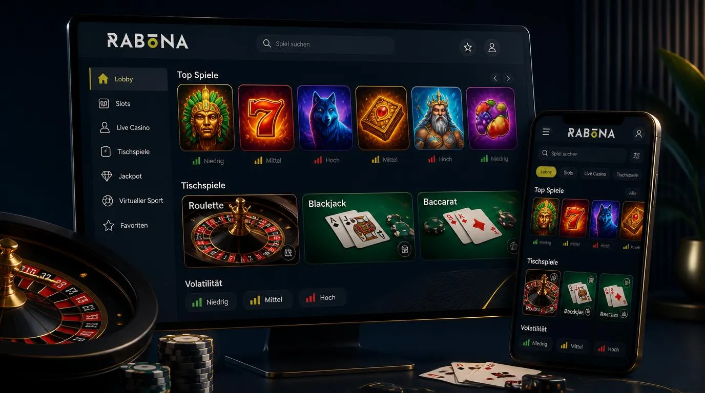 Casino-Lobby mit Slots, Roulette, Blackjack und übersichtlichen Kategorien auf einem Bildschirm