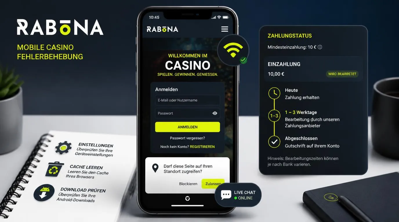 Smartphone mit Login-Hinweis, Standortfreigabe und aktivem Live-Chat bei einer mobilen Casino-Seite