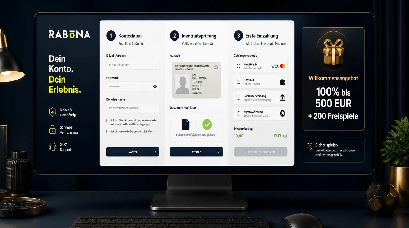 Registrierung mit Ausweisprüfung und erster Einzahlung über Karten, E-Wallets oder Kryptowährungen