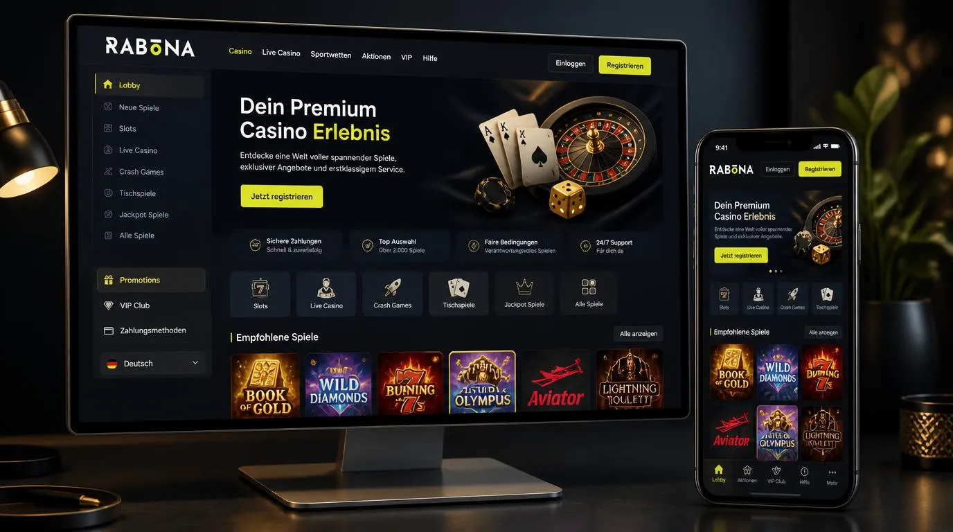 Online-Casino-Oberfläche auf Desktop und Smartphone mit Spielkategorien, Bonusbereich und stabiler Navigation