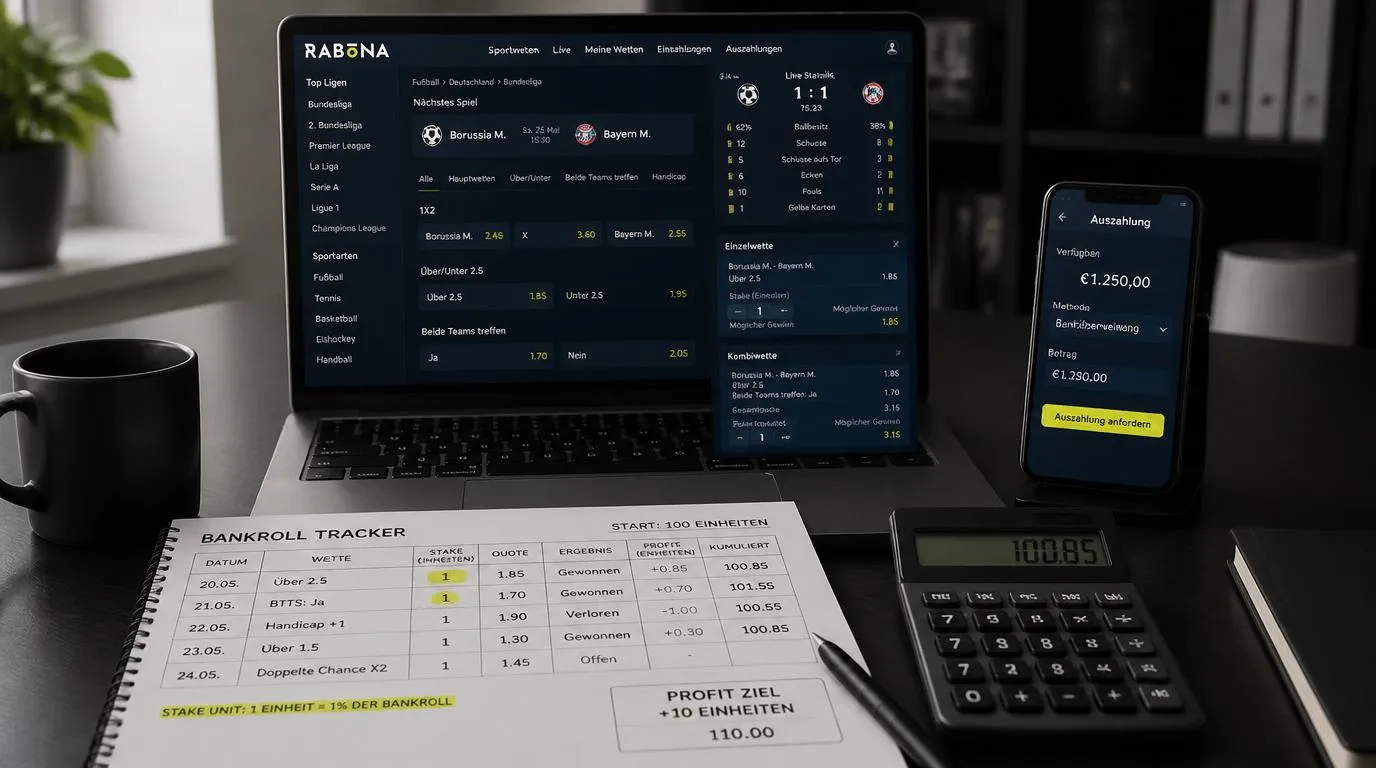 Sportwetten-Notiz mit Einsatzplan, Quotenanalyse und klar markiertem Auszahlungsziel in Euro